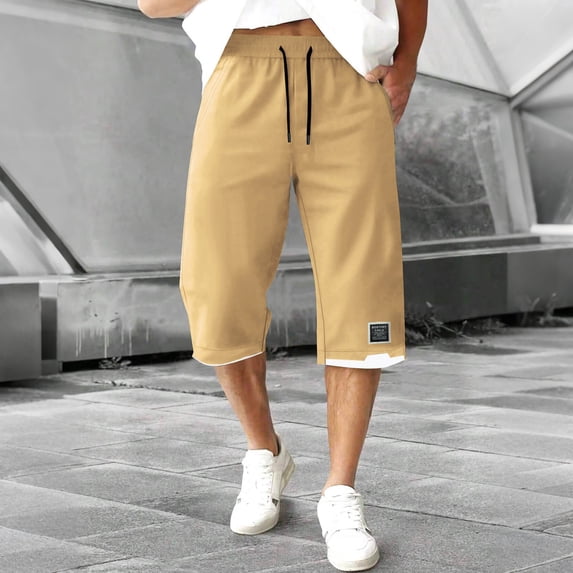 Tawop Men Shorts Casual Pockets Solid Drawstring Elastic Waist Sports Capri Pants, Khaki, 8XL