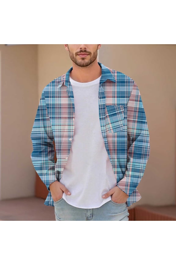 Men's & Big Men's Dad Shirts Plaid Printed Buttons Pocket Long Sleeve Dress Shirts Lapel Shirt L