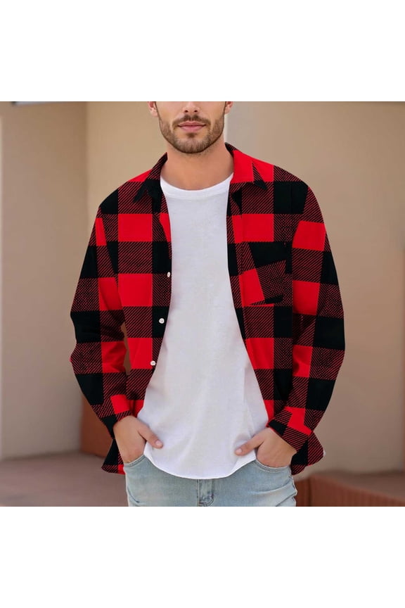 Men's & Big Men's Dad Shirts Plaid Printed Buttons Pocket Long Sleeve Dress Shirts Lapel Shirt L