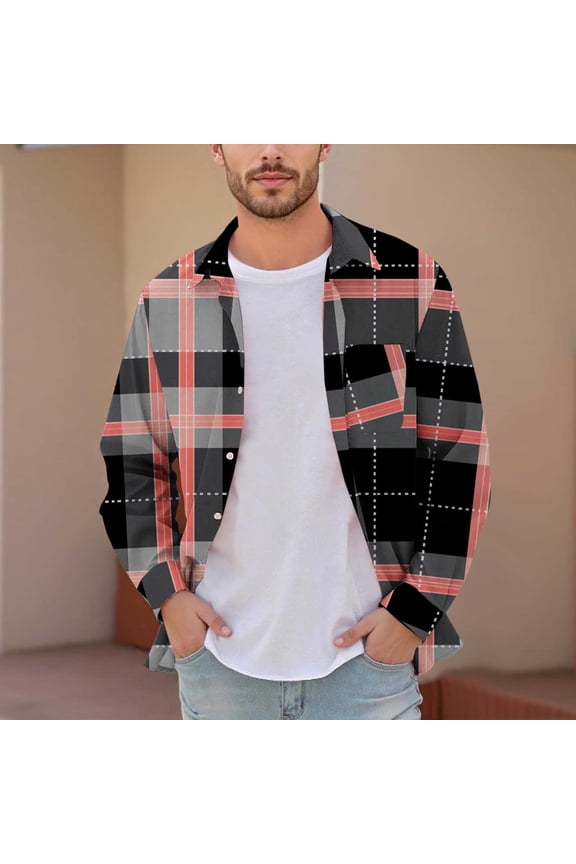 Men's & Big Men's Dad Shirts Plaid Printed Buttons Pocket Long Sleeve Dress Shirts Lapel Shirt L