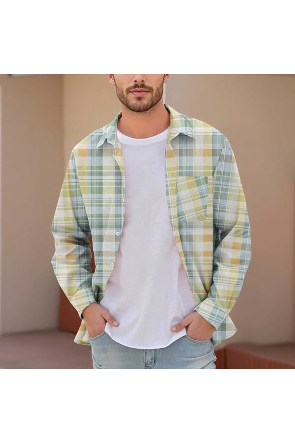 Men's & Big Men's Dad Shirts Plaid Printed Buttons Pocket Long Sleeve Dress Shirts Lapel Shirt L