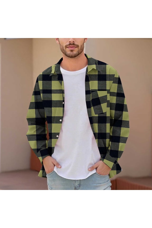 Men's & Big Men's Dad Shirts Plaid Printed Buttons Pocket Long Sleeve Dress Shirts Lapel Shirt L