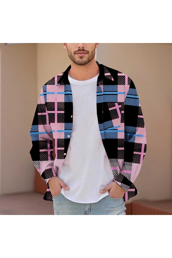 Men's & Big Men's Dad Shirts Plaid Printed Buttons Pocket Long Sleeve Dress Shirts Lapel Shirt L