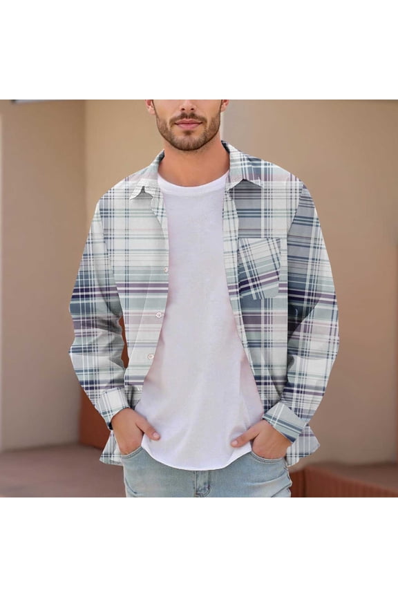 Men's & Big Men's Dad Shirts Plaid Printed Buttons Pocket Long Sleeve Dress Shirts Lapel Shirt L