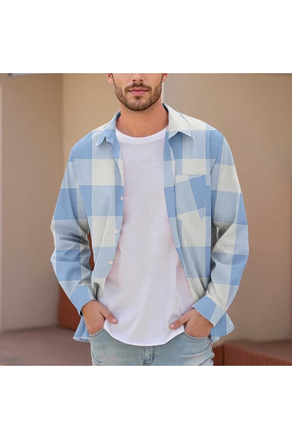 Men's & Big Men's Dad Shirts Plaid Printed Buttons Pocket Long Sleeve Dress Shirts Lapel Shirt M