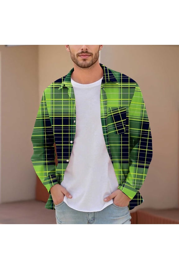 Men's & Big Men's Dad Shirts Plaid Printed Buttons Pocket Long Sleeve Dress Shirts Lapel Shirt M