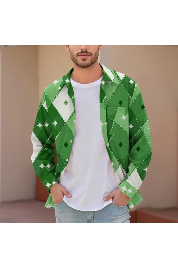 Men's & Big Men's Dad Shirts Plaid Printed Buttons Pocket Long Sleeve Dress Shirts Lapel Shirt S