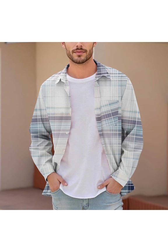 Men's & Big Men's Dad Shirts Plaid Printed Buttons Pocket Long Sleeve Dress Shirts Lapel Shirt S