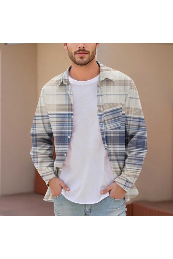 Men's & Big Men's Dad Shirts Plaid Printed Buttons Pocket Long Sleeve Dress Shirts Lapel Shirt S