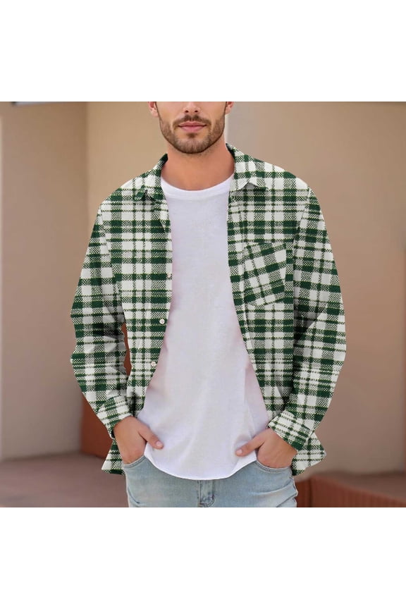 Men's & Big Men's Dad Shirts Plaid Printed Buttons Pocket Long Sleeve Dress Shirts Lapel Shirt S