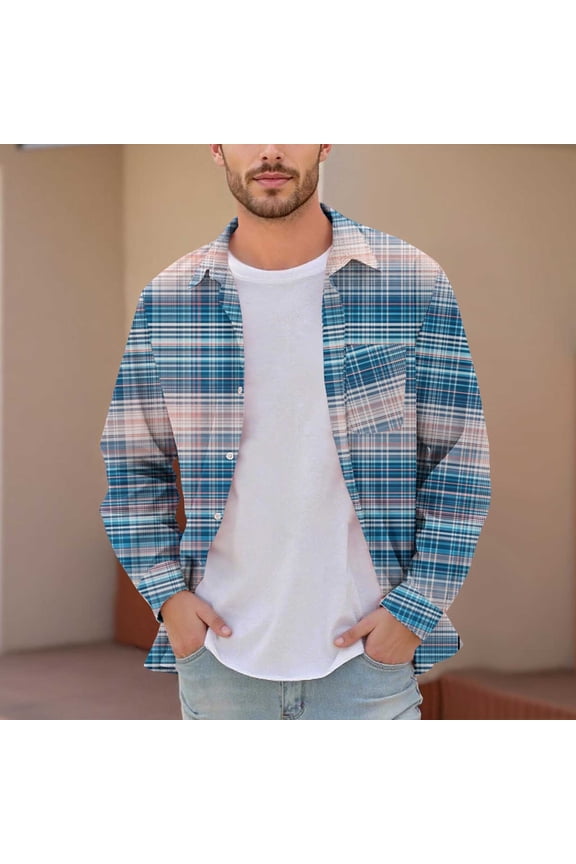 Men's & Big Men's Dad Shirts Plaid Printed Buttons Pocket Long Sleeve Dress Shirts Lapel Shirt Xl