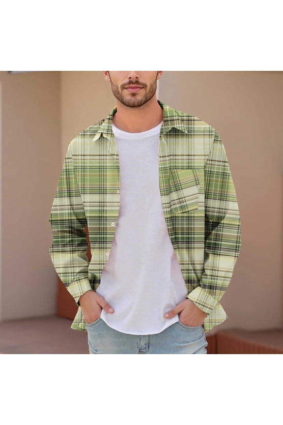 Men's & Big Men's Dad Shirts Plaid Printed Buttons Pocket Long Sleeve Dress Shirts Lapel Shirt Xxl