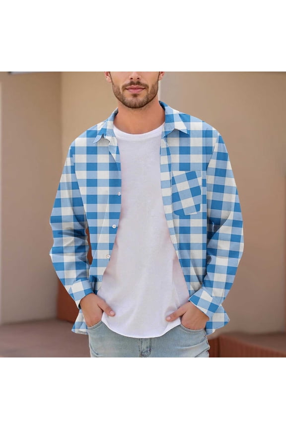 Men's & Big Men's Dad Shirts Plaid Printed Buttons Pocket Long Sleeve Dress Shirts Lapel Shirt Xxl