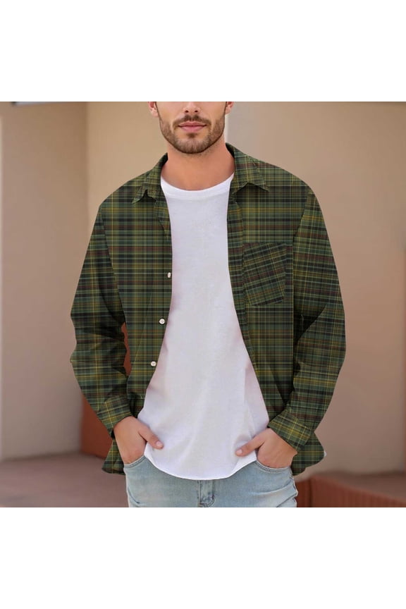 Men's & Big Men's Dad Shirts Plaid Printed Buttons Pocket Long Sleeve Dress Shirts Lapel Shirt Xxl