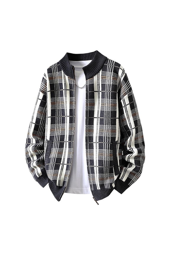 Men's & Big Men's Plaid Printed Pocket Long Sleeve Dress Shirts Stand Collar Solid Zipper Fleece Sweatshirt Thick M