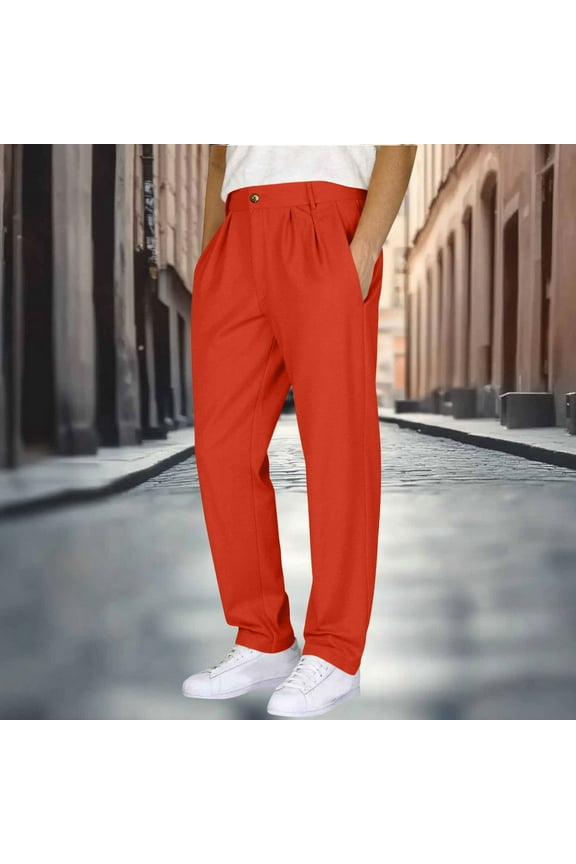 Men's Casual Loose Straight Leg Solid Pants with Double Pleated Front Pocket