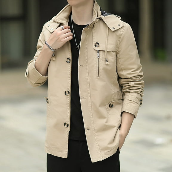 Tawop Men's Jacket Detachable Military Cargo Long Sleeve Zip with Hood Pockets Casual Solid Winter Jackets for Men,Khaki,XL