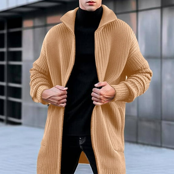 Tawop Men's Jacket Knit Sweaters Long Length Solid Mens Gift,Khaki,M