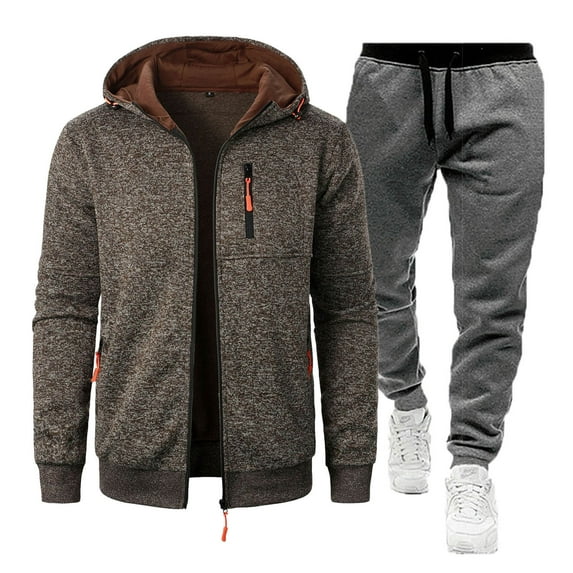 Tawop Men's Jacket Long Sleeve with Hood Casual Sports Solid Sets Mens Clothing,Coffee,M