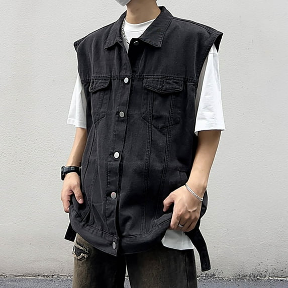 Tawop Men's Jacket Vest Denim Sleeveless Hoodless Casual Motorcycle Solid Mens Gift,Black,M