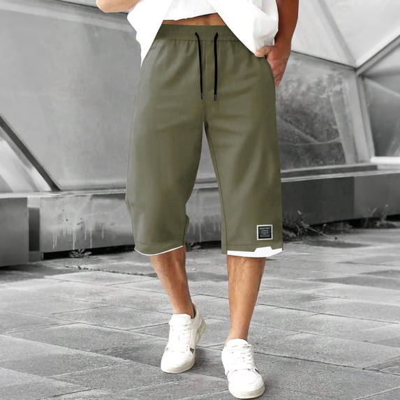 Tawop Men's Shorts Casual Pockets Solid Drawstring Elastic Waist Sports Capri Pants, Army Green, 6XL