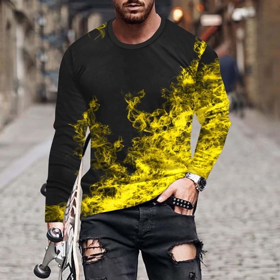 Tawop Men's T-Shirts Crew Neck Long Sleeve Pullover Graphic Casual Yellow S