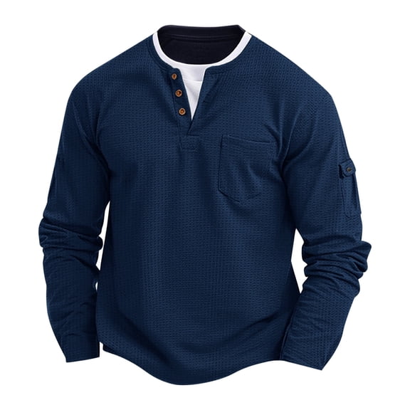 Tawop Men's T-Shirts Long Sleeve Pockets V Neck Solid Buttons Casual Navy M