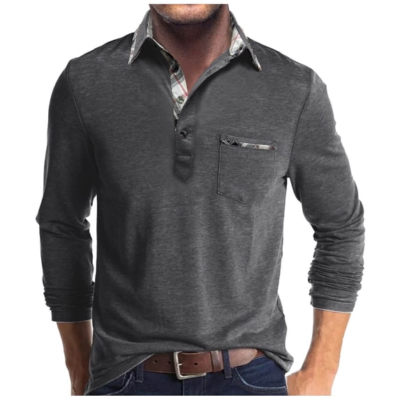 Tawop Men's Tshirts Spring Mens Shirts Long Sleeve P0l0 Shirts Mens T Shirts with Pockets Flip Collar Dark Gray M