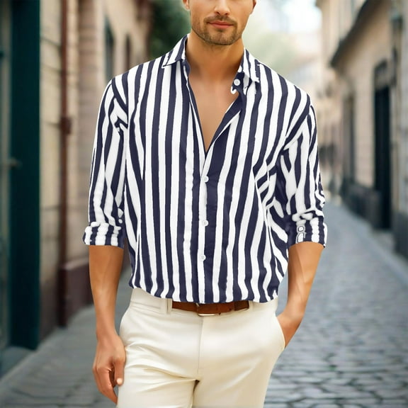 Tawop Mens Button Down Shirts Striped Casual Long Sleeve Shirts Pocket Shirts Mens Dress Shirts ,Size L