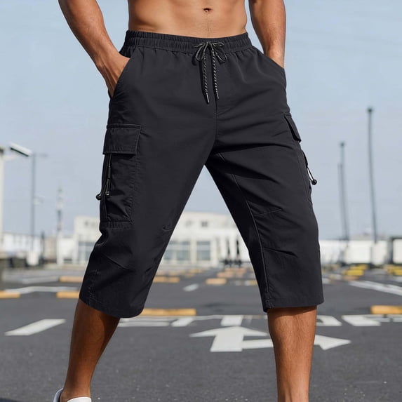 Tawop Mens Cargo Shorts Solid Fashion Casual Long Shorts Drawstring Elastic Waist Cargo Capri Pants with Pockets, Black, L