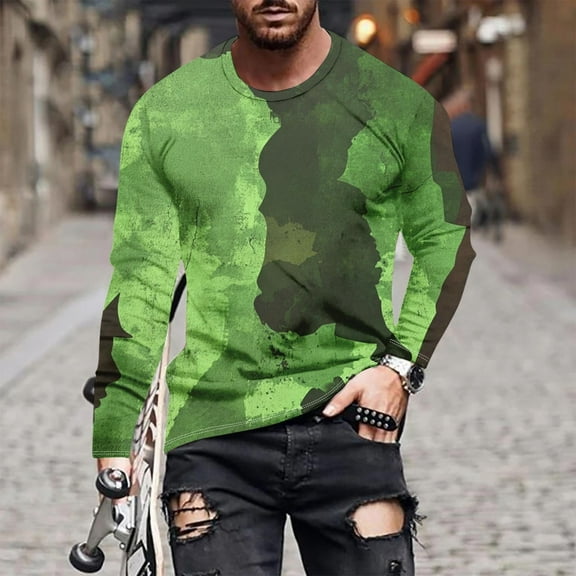 Tawop Mens Casual Shirts Crew Neck Long Sleeve Graphic Flag Casual Green L