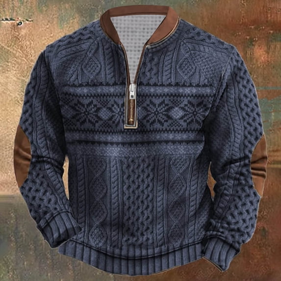 Tawop Mens Casual Shirts Crew Neck Long Sleeve Graphic Quarter Zip Blue L