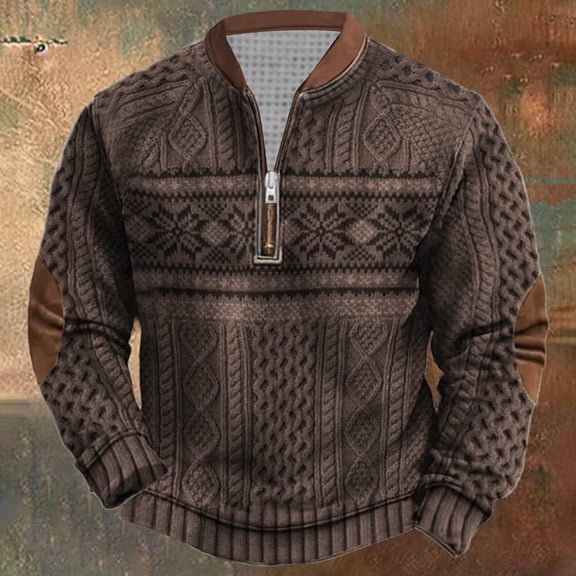 Tawop Mens Casual Shirts Crew Neck Long Sleeve Graphic Quarter Zip Brown S