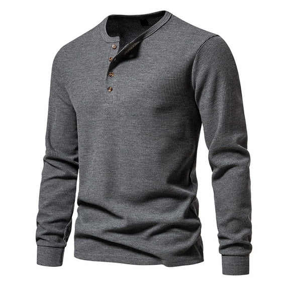 Tawop Mens Casual Shirts Crew Neck Long Sleeve Pullover Waffle Buttons Casual Dark Gray L