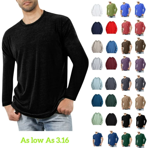 Tawop Mens Casual Shirts Crew Neck Long Sleeve Solid Fitness Cotton Workout Black L