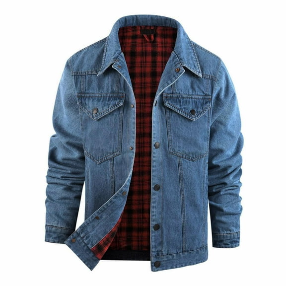 Tawop Mens Coats Denim Long Sleeve Hoodless Multi Pockets Casual Plaid Mens Clothes,Light Blue,2XL