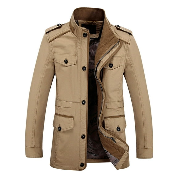 Tawop Mens Coats Long Sleeve Zip Hoodless Casual Solid Mens Gift,Khaki,L
