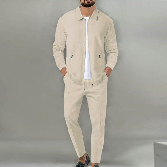 Tawop Mens Coats Long Sleeve Zip Pockets Solid Sets Mens Clothing,Khaki,2XL