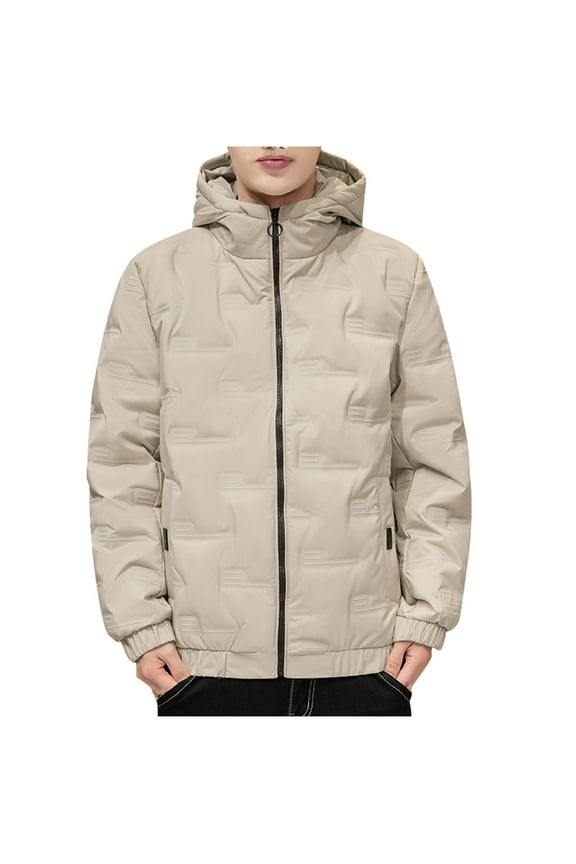 Mens Coats Thick Cotton Puffer Long Sleeve Zip with Hood Pockets Casual Crop Mens Clothing,White,L