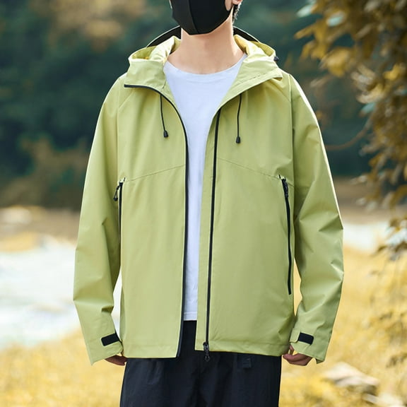 Tawop Mens Coats Wind Breaker Long Sleeve Casual Outdoor Hiking Solid Mens Clothes,Green,2XL