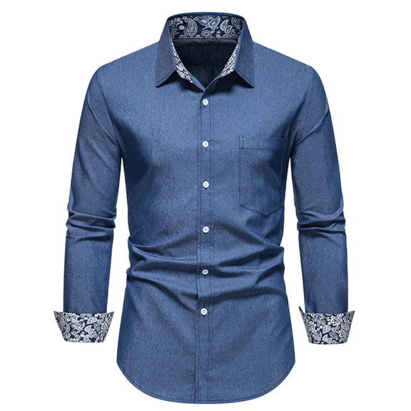 Tawop Mens Dress Shirts Denim Casual Long Sleeve Shirts Pocket Button-Up Shirts ,Size XL