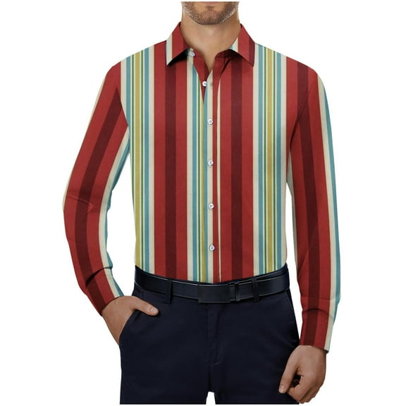 Tawop Mens Dress Shirts Striped Long Sleeve Shirts Printed Slim Fit Button-Up Shirts ,Size L