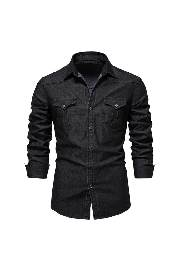 Mens Dress Shirts Vintage Denim Long Sleeve Shirts Pocket Button-Up Shirts ,Size L