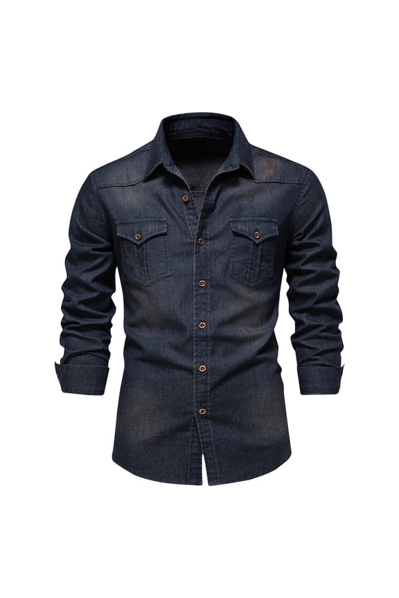 Mens Flannel Shirts Vintage Denim Long Sleeve Shirts Pocket Button-Up Shirts ,Size XL