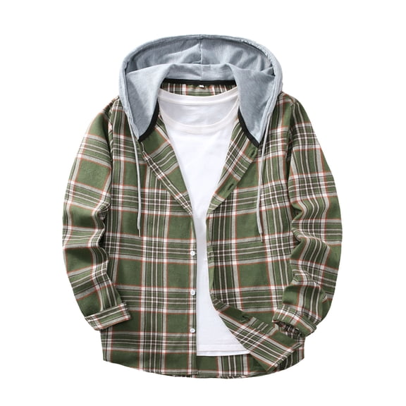 Tawop Mens Hoodie Plaid Long Sleeve Button Patchwork Casual