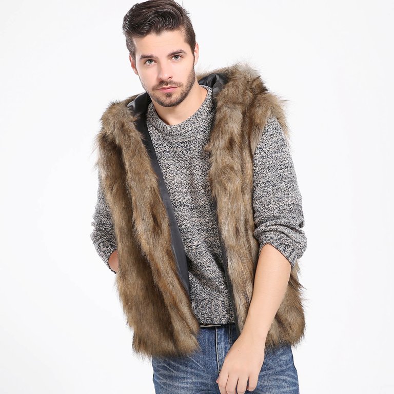 Tawop Mens Jacket Faux Fur Thermal Sleeveless with Hood Casual - Main Image