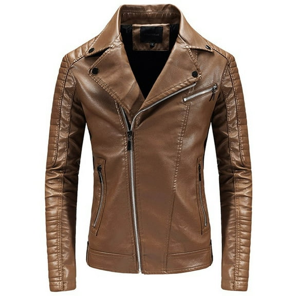 Tawop Mens Jacket PU Leather Stand Collar Long Sleeve Zip Hoodless Casual Winter Jackets for Men,Khaki,L