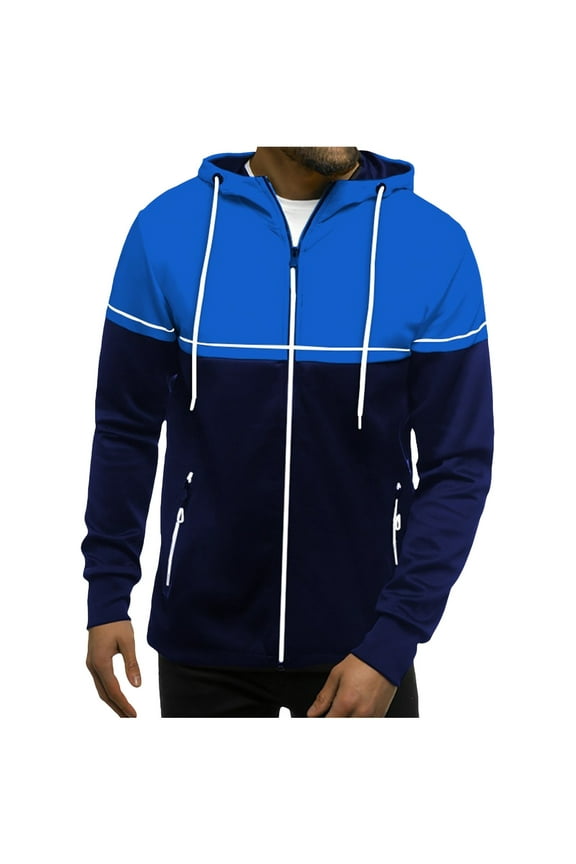 Mens Jacket Sweatshirt Long Sleeve with Hood Casual Color Block Trendy Mens Clothing,Blue,3XL