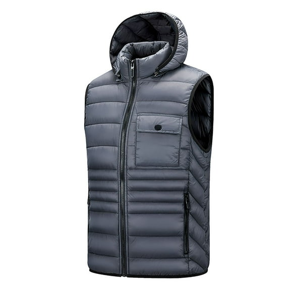 Tawop Mens Jacket Vest Stand Collar Thermal Cotton Sleeveless Zip with Hood Pockets Mens Clothes,Gray,L