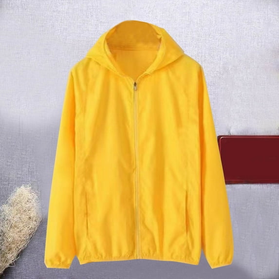Tawop Mens Jackets Cargo Long Sleeve Zip Thin with Hood Sun Protection Loose Casual Outdoor Hiking Sports Mens Gift,Yellow,3XL